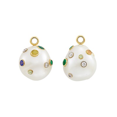 Lot 216 - Pair of Gold, South Sea Cultured Pearl, Diamond and Colored Stone Ear Pendants
