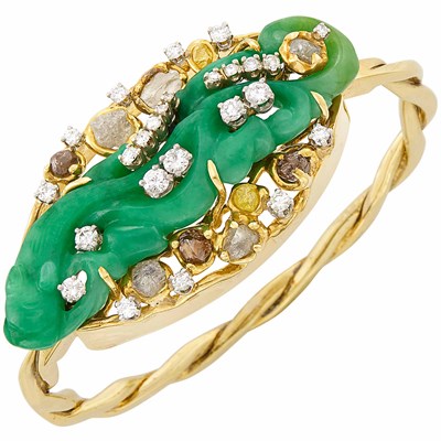 Lot 461 - Gold, Carved Jade, Diamond and Rough Diamond Bangle Bracelet, Peter Lindeman