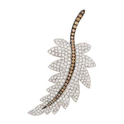 Lot 478 - White Gold, Blackened Gold, Diamond and Brown Diamond Leaf Clip-Brooch, by Craig Drake