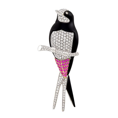 Lot 279 - White Gold, Black Onyx, Diamond and Ruby Bird Clip-Brooch, by Craig Drake