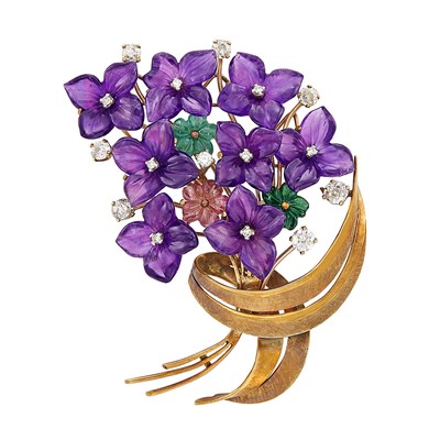 Lot 446 - Gold, Carved Amethyst and Diamond Bouquet Brooch
