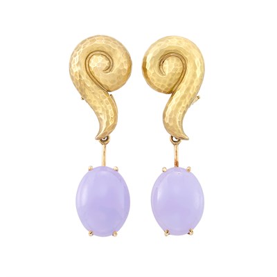 Lot 514 - Pair of Gold and Lavender Jade Pendant-Earrings, Maz, with Tanzanite Bead Fringe Ear Pendants