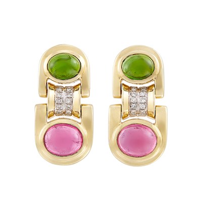 Lot 115 - Pair of Gold, Cabochon Green and Pink Tourmaline and Diamond Pendant-Earrings