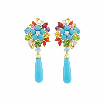Lot 495 - Pair of Gold, Turquoise, Gem-Set and Diamond Pendant-Earrings