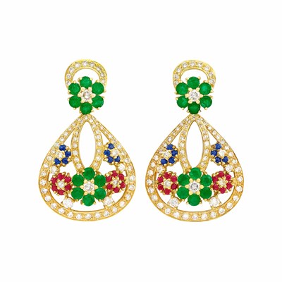 Lot 61 - Pair of Gold, Gem-Set and Diamond Pendant-Earrings