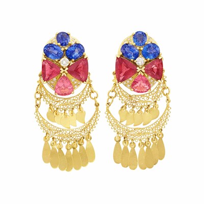 Lot 228 - Pair of Gold, Sapphire, Rubellite, Pink Tourmaline and Diamond Pendant-Earrings