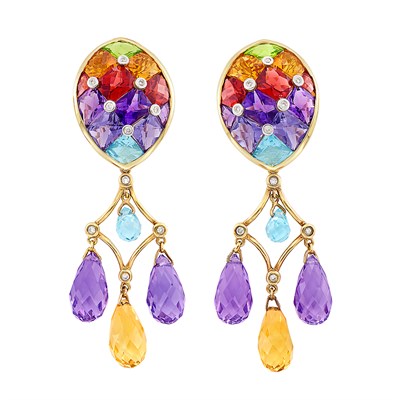 Lot 447 - Pair of Gold, Gem-Set, Briolette and Diamond Pendant-Earrings
