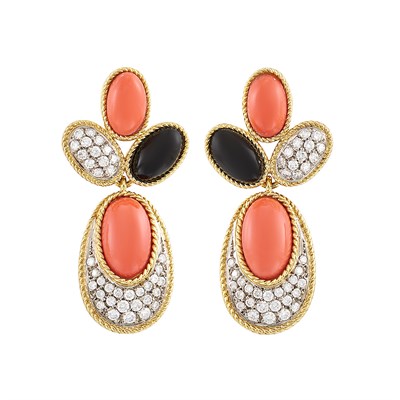 Lot 194 - Pair of Gold, Coral, Diamond and Black Onyx Pendant-Earrings