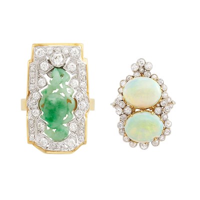 Lot 364 - Gold, Platinum, Carved Jade and Diamond Ring and Gold, Opal and Diamond Ring