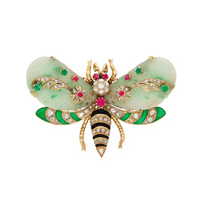Lot 365 - Gold, Carved Jade, Diamond, Gem-Set and Enamel Butterfly Brooch