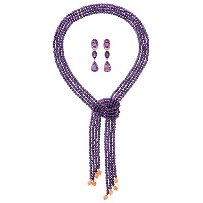 Lot 517 - Four Strand Amethyst and Coral Bead Lariat Necklace and Pair of Gold and Amethyst Pendant-Earrings