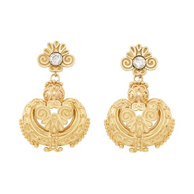 Lot 198 - Pair of Gold and Diamond Pendant-Earrings, Maz