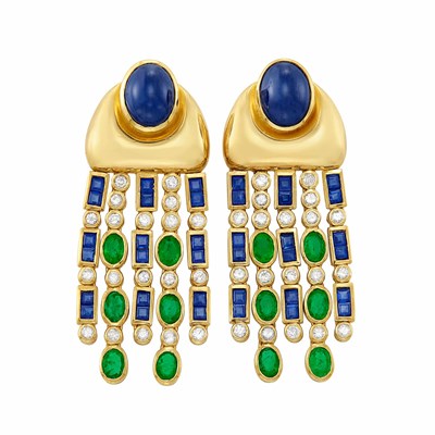 Lot 456 - Pair of Gold, Cabochon Sapphire, Sapphire, Emerald and Diamond Fringe Earrings