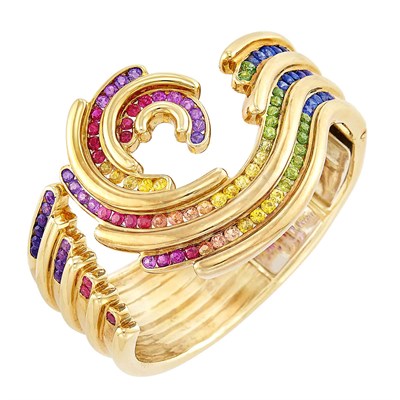Lot 436 - Gold and Multicolored Sapphire and Ruby Bangle Bracelet