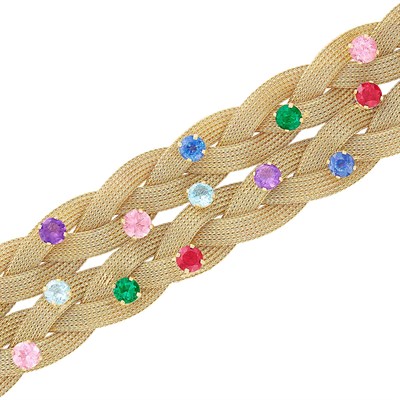 Lot 199 - Braided Gold, Gem-Set and Synthetic Ruby and Emerald Bracelet