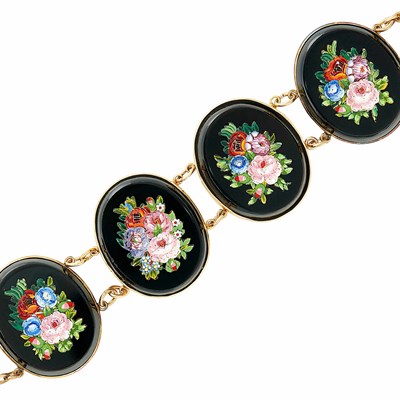 Lot 180 - Antique Gold, Black Onyx and Pietra Dura Bracelet