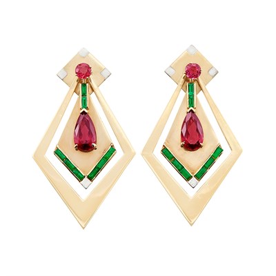 Lot 117 - Pair of Gold, Gem-Set and Enamel Pendant-Earrings