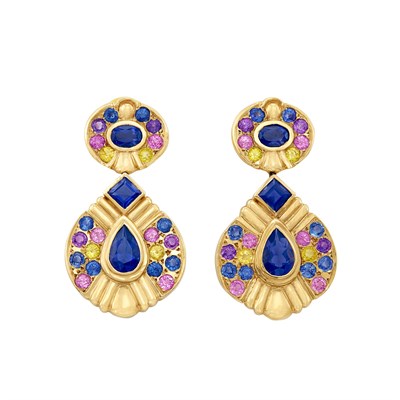 Lot 123 - Pair of Gold, Tanzanite and Multicolored Sapphire Pendant-Earrings