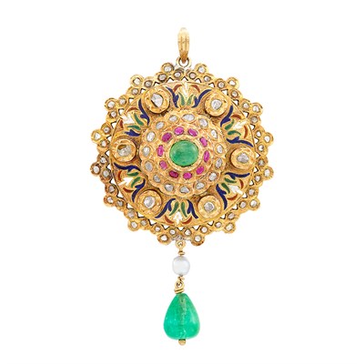 Lot 219 - Indian Gold, Diamond, Gem-Set, Enamel, Emerald Bead and Baroque Cultured Pearl Pendant