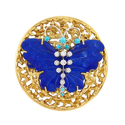 Lot 597 - Gold, Carved Lapis, Diamond and Turquoise Butterfly Pendant-Brooch, Peter Lindeman