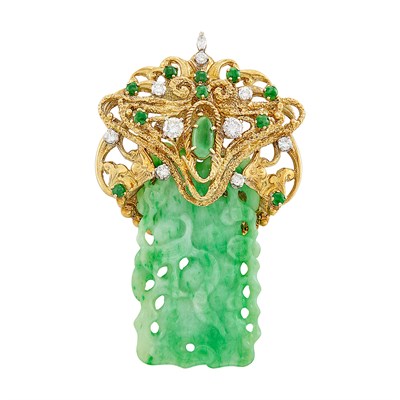 Lot 462 - Gold, Carved Jade and Diamond Pendant-Brooch, Peter Lindeman