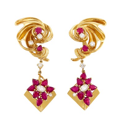 Lot 341 - Pair of Gold, Ruby and Diamond Pendant-Earrings, by Peter Lindeman