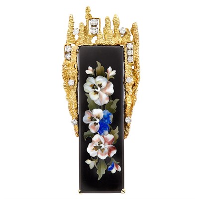 Lot 592 - Gold, Black Onyx, Pietra Dura and Diamond Pendant-Brooch, Peter Lindeman