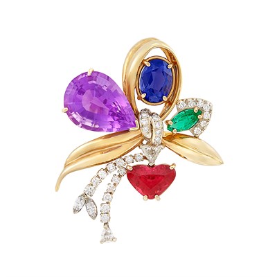 Lot 113 - Gold, Colored Stone and Diamond Brooch