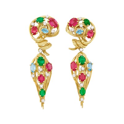 Lot 200 - Gold, Gem-Set and Diamond Pendant-Earrings, Peter Lindeman