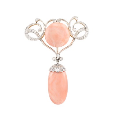 Lot 306 - Antique Platinum, Gold, Coral and Diamond Pendant
