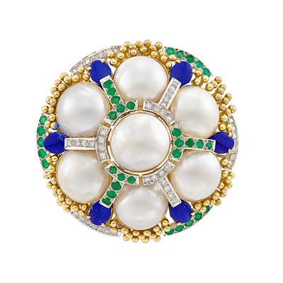 Lot 387 - Two-Color Gold, Mabé Pearl, Lapis, Emerald and Diamond Pendant Clip-Brooch
