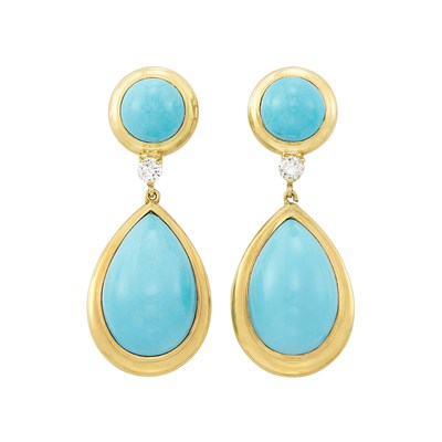 Lot 584 - Pair of Gold, Turquoise and Diamond Pendant-Earrings, Greg Stewart