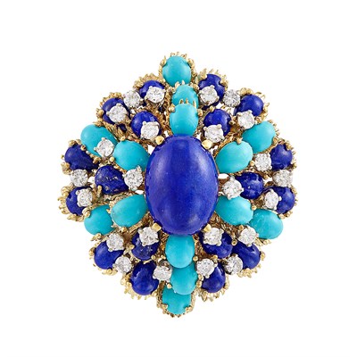 Lot 599 - Gold, Lapis, Diamond and Turquoise Pendant-Brooch