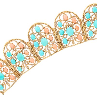 Lot 585 - Gold, Coral and Turquoise Cuff Bracelet
