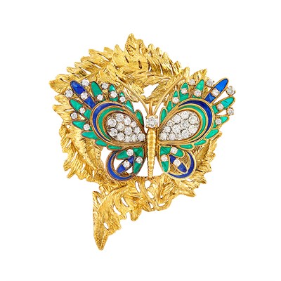 Lot 220 - Gold, Diamond and Enamel Butterfly Pendant-Brooch, by Peter Lindeman