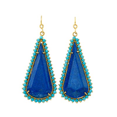 Lot 595 - Pair of Gold, Lapis and Turquoise Earrings