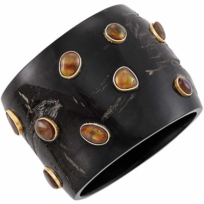 Lot 252 - Horn, Gold and Boulder Opal Cuff Bangle Bracelet