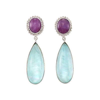 Lot 425 - Pair of White Gold, Star Ruby, Rock Crystal, Mother-of-Pearl, Turquoise and Diamond Pendant-Earrings