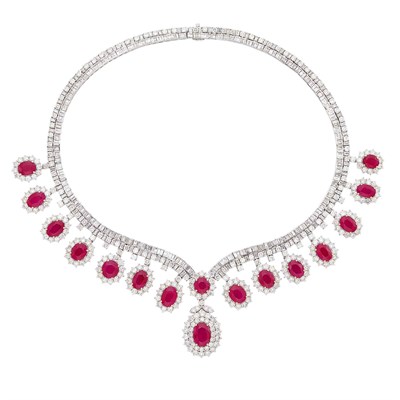 Lot 674 - White Gold, Ruby and Diamond Necklace
