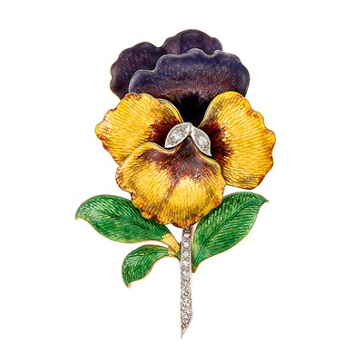 Lot 568 - Gold, Platinum, Enamel and Diamond Flower Brooch