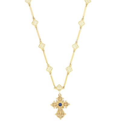 Lot 340 - Gold and Cabochon Sapphire Pendant-Necklace