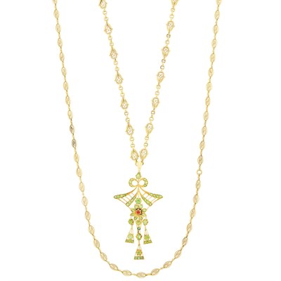 Lot 378 - Two Long Gold Chains, France, with Gold and Demantoid Garnet Pendant-Brooch