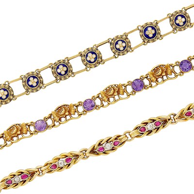 Lot 174 - Two Antique Gold and Gem-Set Bracelets and Enamel Bracelet