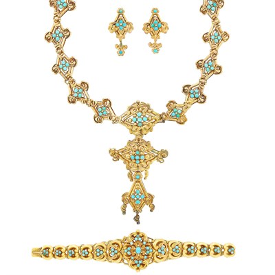 Lot 176 - Antique Gold and Turquoise Pendant-Brooch Necklace, Bracelet and Pair of Earrings