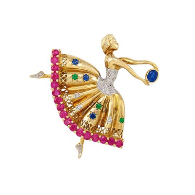Lot 330 - Gold, Diamond and Gem-Set Ballerina Clip-Brooch