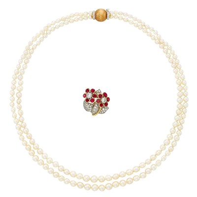 Lot 331 - Double Strand Cultured Pearl Necklace with Two-Color Gold and Diamond Clasp and Platinum, Gold, Diamond and Ruby Flower Pin