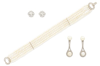 Lot 1256 - Five Strand Cultured Pearl, White Gold and Diamond Bracelet and Two Pairs of Earrings