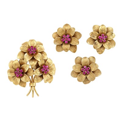 Lot 336 - Pair of Gold and Ruby Flower Earclips, Brooch and Single Earclip, Tiffany & Co.