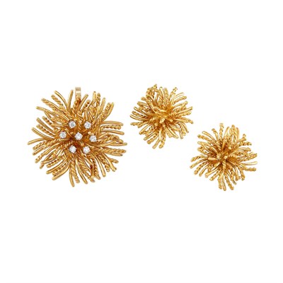Lot 359 - Gold and Diamond Clip-Brooch and Pair of Earclips, Tiffany & Co.