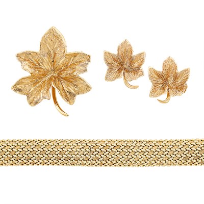 Lot 195 - Gold Bracelet-Watch, Cartier, and Pair of Gold Leaf Earclips and Brooch